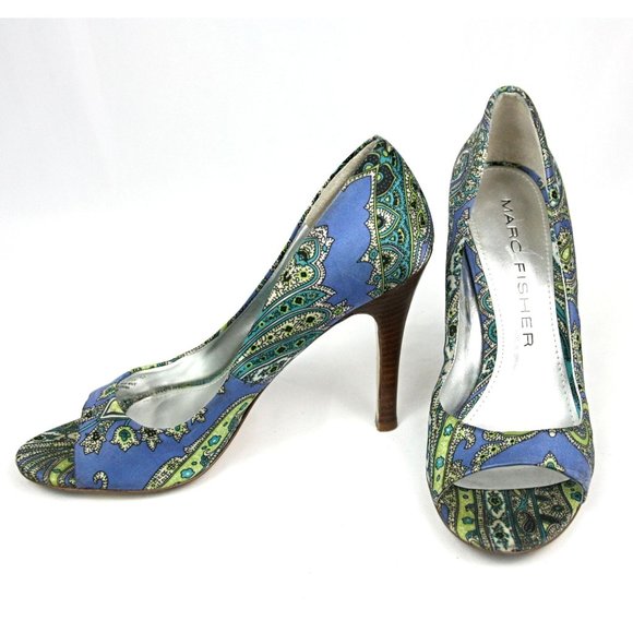 Marc Fisher Paisley Satin Open Toe Heels Pumps Stilettos Blue Green Slip On - 6 - Picture 1 of 7